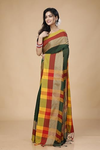 Image of OISHANI SAREE GHOR Women's Traditional Bengal Handloom Modhuboni Cotton Saree With Blouse Piece