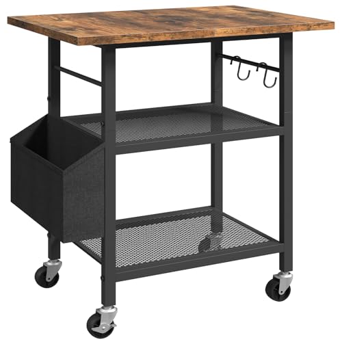 MAHANCRIS 3-Stöckiger Druckertisch Rollcontainer Druckerständer Aufbewahrungsregal Industriestil Mit Seitentasche Holzablage 2 S-Haken für Heimbüros Rustikalbraun und Schwarz APTHR2501