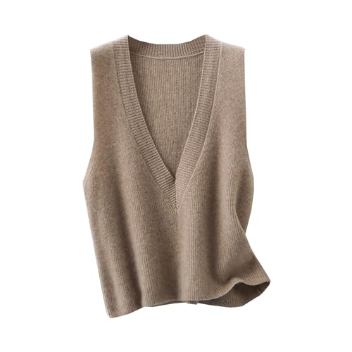 jinghuiyue Maglione da donna con scollo a V profondo gilet casual lavorato a maglia canotte senza maniche maglione a costine maglieria, Marrone, L