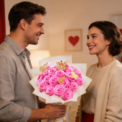 AZMUDE 24 Pieces Rosa Glitter Rose Bouquet, DIY Blumenstrauß with Crown, Butterfly,Artificial Rose Bouquets für Valentinstag,Mother’s Day, Birthday, Wedding, Anniversary.