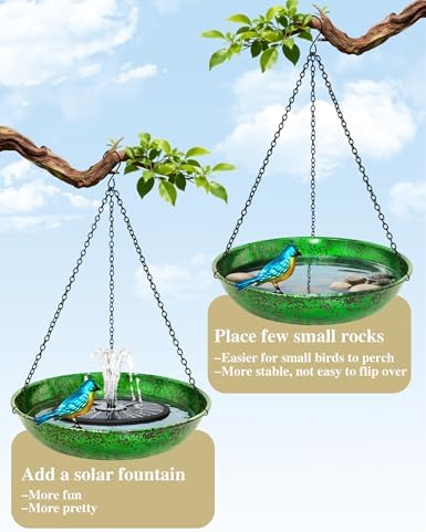 Hanging Bird Bath for Outside, 11” Metallic Green & Blue Metal Birdbath Bowl & Feeder with Black Chain Outdoor Garden Yard Decor (0.5 Gallon) — view 7