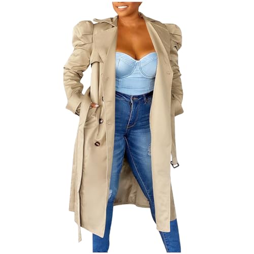 Masrin Trenchcoat mit Gürtel Damen Lang Eleganter Puffärmeln Windjacke Umlegekragen Strickjacke Zweireihige Windjacke Oversize Cardigan Bluse Knielang Blazer Anzugjacke
