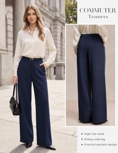 GRACE KARIN Wide Leg Pants Woman Stretch Texture Trousers Business Casual Pants for Petite/Regular Navy Blue S — view 3