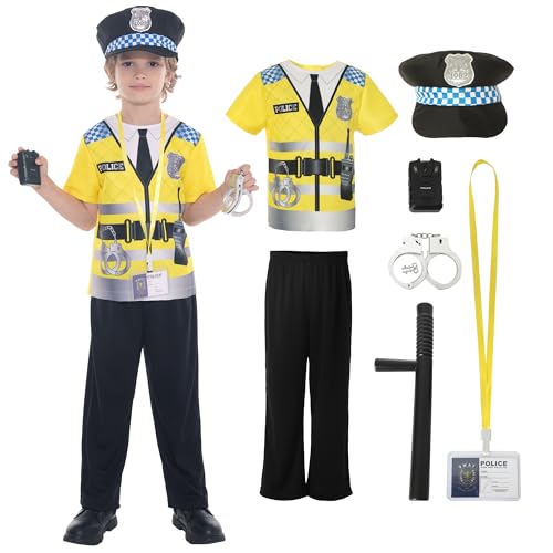 Wizland Bambini 7pcs Costume di polizia per ragazzi e ragazze, Set di uniforme di polizia gialla per Halloween Fancy Dress Up, 8-10 anni