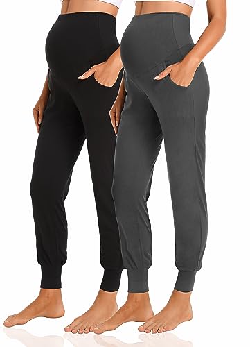 V VOCNI Womens Maternity Pants Maternity Activewear Jogger Track Cuff Sweatpants Over The Belly Stretchy Pregnancy Pants Black/Dark Grey Medium