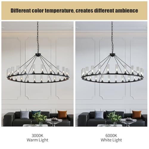 Image of 24 Light Large Wagon Wheel Chandelier with Clear Glass Shade Black Round Pendant Light Farmhouse Industrial Chandeliers Dining Room Light Fixture for Stair Living Room Foyer Kitchen
