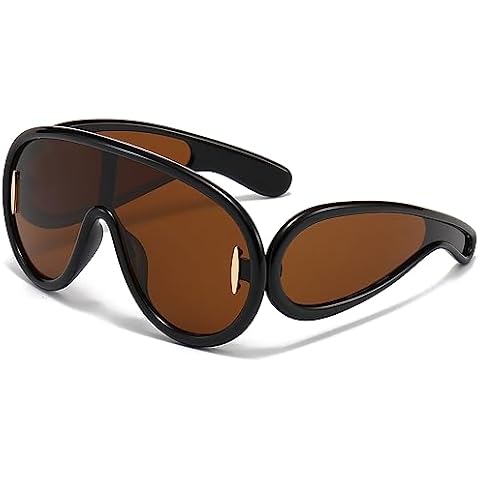 Breaksun Fashion Wave Mask Sunglasses for Women Men Oversized Silver Mirrored Futuristic Shield Sun Glasses Designer Style (Black/Brown) Cover
