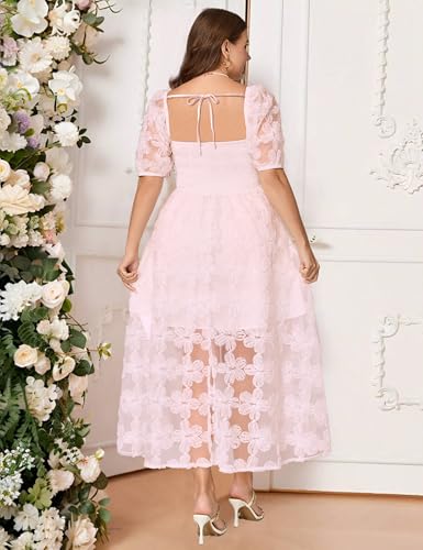 Image of EYWOL Formal Wedding Guest Cocktail Party Floral Embroidered Dress M-3XL | Embroidered,Floral,Sheer A-Line,Maxi,Sweetheart Neckline,Puff Sleeves,Tie Back, Parties,Wedding,Formal,Cocktail,Occasions