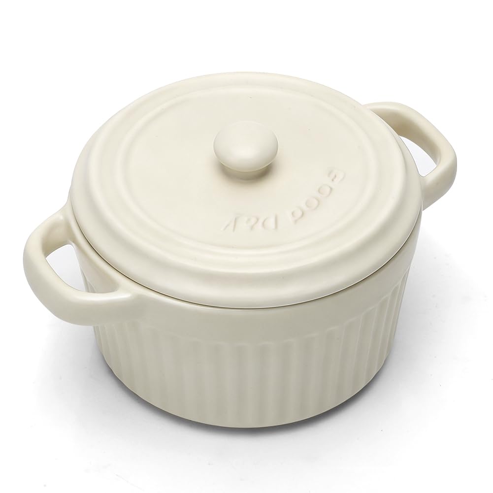 Mini cocotte con coperchio, pirofila in ceramica con manici e coperchio, stampini rotondi con coperchio per lasagne, soufflé, crème brûlée, dessert, per microonde e forno (Bianco, L-400ml-1pc)