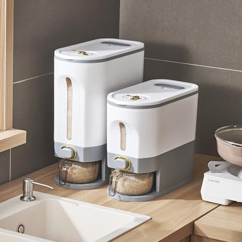Image of Sooyee 20Lbs Rice Dispenser, Large Grain Container Storage with Lid Measuring Cylinder Moisture Proof Household Cereal Dispenser Bucket for Kitchen Soybean Corn,White and Grey