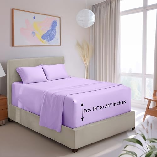 Image of Hearth & Harbor Extra Deep Pocket Queen Size Sheet Set - 4 Piece Ultra Soft & Breathable Bed Sheets Set - Fits Up to 24 inch Mattress - Hotel Luxury Bed Sheet Set, Lavender | 4 Piece Bed Sheet Set, Ultra Soft & Breathable, Fits Up to 24 inch Mattress, Hotel Luxury