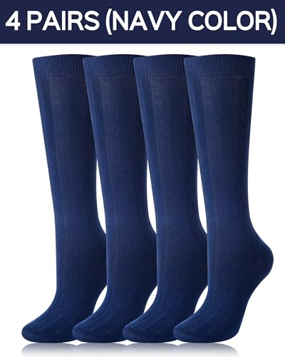 Eurzom 4 Pairs Knee High Uniform Socks for Girls 5-12y Acrylic Knit Cable Navy Blue White School Sock Back to School Gifts4