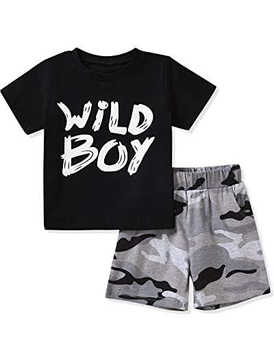 fioukiay Toddler Boys Summer Clothes Infant 3T Boy Outfit Wild Boy Short Sleeve T-Shirt with Camouflage Shorts Clothing (Black 02, 3T)