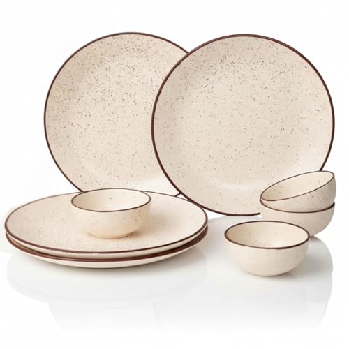 Image of Freakway Rustic Speckled Ceramic Dinner Set - 8 Pc (4 Plates, 4 Bowls) - Beige with Brown Rim