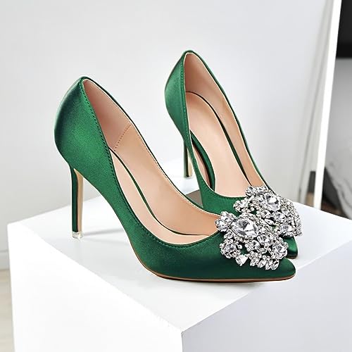 JOEupin Womens Rhinestone Satin Pumps Evening Party High Heel Pumps Wedding Bridal Stilettos Shoes2