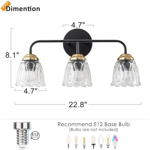 Helitemis 3-Light Bathroom Vintage Vanity Light Fixtures, Bathroom Wall Light with Flower Glass Shades Over Mirror, Black and Gold Vanity Light for Bathroom Mirror Dressing Room Bedroom Hallway by Helitemis - Used condition - Image 4