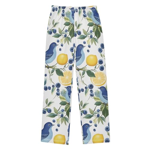 Blue Bird Blueberry Lemon Pattern Pajama Pants Long Sleep Pant Soft PJ Bottoms Sleepwear