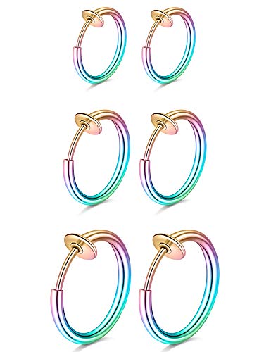 Kadogohno Rainbow Fake Earrings Fake Nose Rings Hoop Septum Ring Clip on Spring Faux Lip Ring Helix Cartilage Earrings Surgical Steel Ear Lobe Conch Non Piercing Jewelry for Women Girls