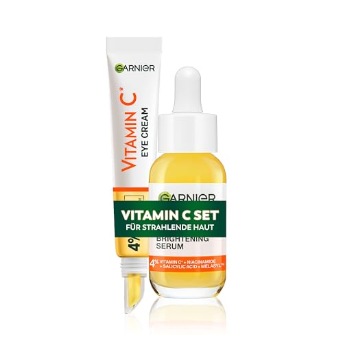 Garnier SkinActive Vitamin C Glow Set mit Vitamin C Glow Booster Serum für das Gesicht mit 3, 5% Vitamin C, Niacinamide, Salicylsäure & Zitronenextrakt + Vitamin C Augen Pflege Milderung von Müdigkeit