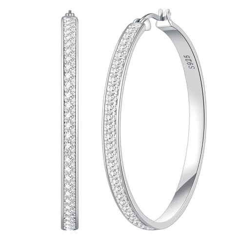 Image of BMMYE Silver Hoops Earrings for Women Hypoallergenic Sparkly 50mm Hoop Large Rhinestone Sterling Silver Hoop Earrings for Women