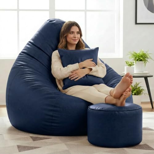 Image of 6XL Jumbo Premium Bean Bag Chair with Footrest & Cushion | Filled with High Density EPS Beans | Comfortable Sofa for Living Room & Bedroom | 6 Months Warranty, Color- (NAVY BLUE, 6XL, Premium)