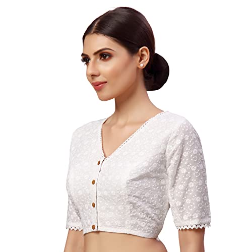 Image of Studio Shringaar Women's Readymade Natural Cotton Elbow Length Sleeves Chikankari Saree Blouse