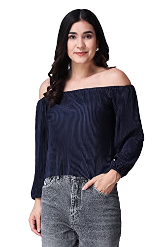 Image of POPWINGS Casual Wrinkle Off Shoulder Crop Top for Women - Designer Stylish Western Full Sleeves