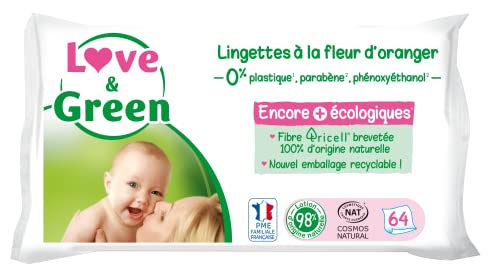 Love & Green Lingettes à la Fleur d'Oranger Saines et Ecologiques - Paquet de 64 Lingettes - Certifiée Cosmo Natural par ECOCERT et FSC - Emballage recyclable