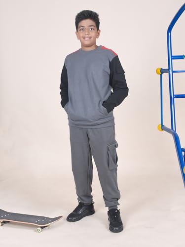 Image of KiddoPanti Boys Solid Fleece Cargo Track Pants | Cotton Poly Fleece Fabric | Ankle Length Jogger | 2 Cargo Pocket,1 Side Pocket | Elastic Waist & Drawcord | Jogger Track Pants