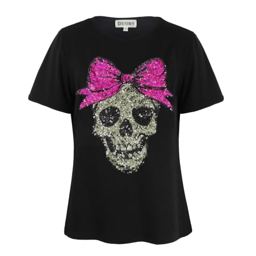 Image of PESION Womens Short Sleeve T-Shirt Sequined Tops O-Neck Funny Graphic Tees Blouse