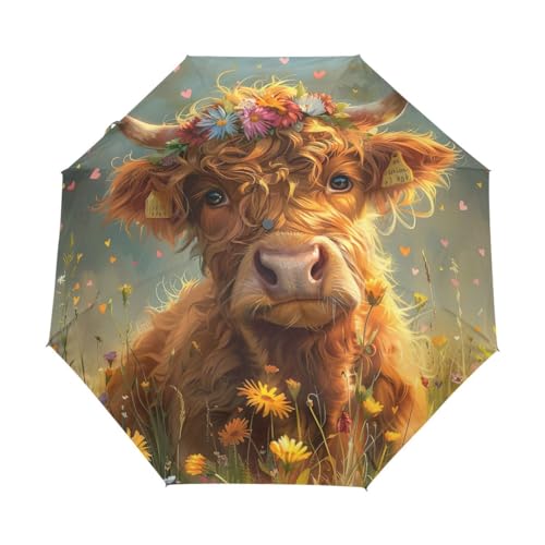 GAIREG Reise-Regenschirm, Motiv: Hochlandkuh mit Blume, winddicht, automatisches Öffnen, Schließen, zusammenklappbar, kompakt, Regenschirme für Regen