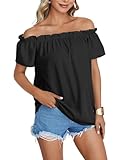 LYANER Women's Casual Off Shoulder Ruffle Short Sleeve Ruched Loose Tops Blouse Shirt Solid Black Medium