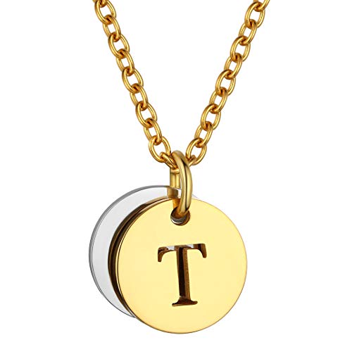 GoldChic Jewelry Moneda Oro baño Colgante Personalizable Placas Inicial T 26 Letras Disponibles Base Inoxidable Fino Collar para Mujer Hombre, Gratis Servicio Grabar