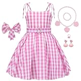 iTVTi Girls Pink Gingham Costume Dress Movie Cosplay Dress up Kids Birthday Party Halloween Outfits with Accessories, 8-9 Years (Tag 150)