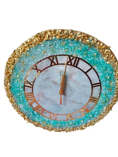 Image of Handmade Resin Wall Clock with Roman Numerals - Luxury Marble Effect Designer Wall Clock with Gold Finish, Silent Quartz Movement, Modern Home & Office Decor (Golden Green)