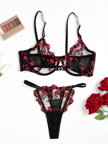 Sexy Dessous-Sets 2 Teiliges für Damen Transparent Netz Blumen Bestickt Erotische Unterwäsche Frauen Push Up BH mit Bügel + Durchsichtige Mesh String Lingerie Babydoll Teddy Negligee – Bild 4