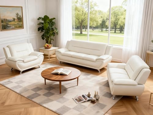Image of Sofa and Loveseat Set, Leather Living Room Set with Metal Legs, 3 Piece Living Room Furniture, Modern 3-Seater Sofa + 2-Seater Loveseat + Accent Chair Sets, for Home Office, White