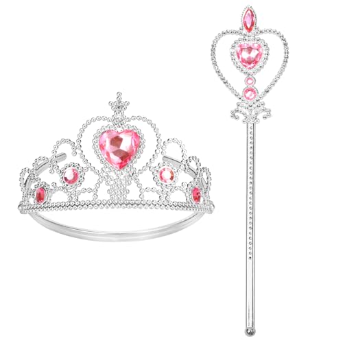 Cocojeci Tiara for Little Girls Princess Crown Princess Dress Up Tiara and Wand Birthday Crown for Girls 3-6 Kids Play Jewelry (Heart Pink Wand 2)