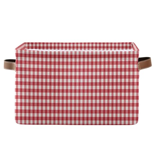 Image of Kigai Red White Gingham Storage Basket with Handles Waterproof Collapsible Storage Bin Canvas Fabric Basket Decorative Box Closet Organizer for Nursery Bedroom Office