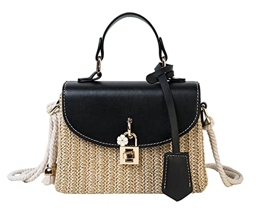 Halemet - Bolsa de ombro feminina boho-chic de palha, com alça superior de couro, bolsa transversal pequena, preta, médio, One Size