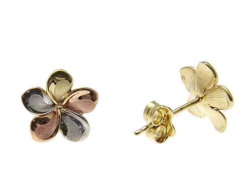 14K solid tricolor gold Hawaiian 11mm plumeria flower stud earrings2