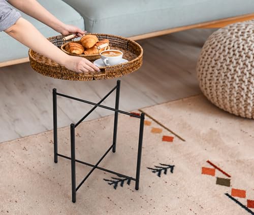 DINGTAI Brown Small Round End Table, 19in Rattan End Tables, Wicker Rattan Side Table, Round Sofa Side Table, Indoor Outdoor Side Tables for Patio, Living Room Bedroom Office by DINGTAI - Used condition - Image 4