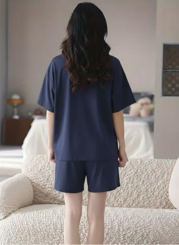 Image of Women Korean Cotton Blend Night Suit | Printed Shorts Sleepwear Set | Short Night Dress Set for Women | Soft Printed T-Shirt & Shorts Pajama Set | Comfortable Summer Nightwear for Ladies & Girls