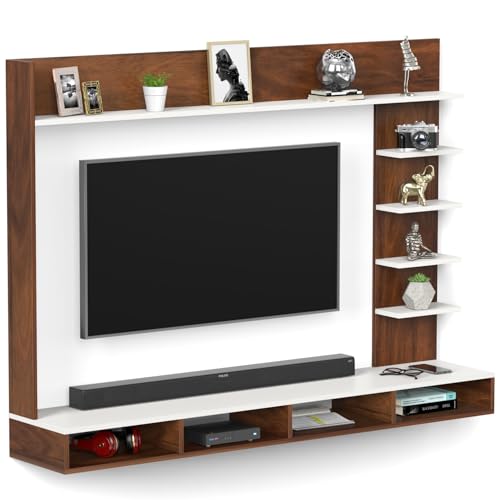 Image of BLUEWUD Primax Grande Large Engineering Wood Wall Mount TV Entertainment Unit Set Top Box Stand /TV Cabinet Panel with Shelves for Books & Decor Display Unit, Ideal for 50 inch (Brown Maple & White)