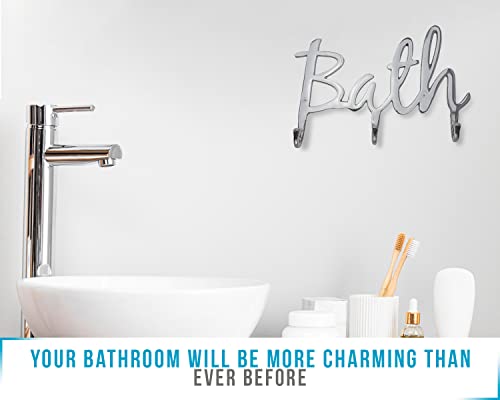 Comfify Modern Style “Bath” Wall Mount Towel Holder And Robe Hook Hand-Cast Aluminum Bathroom Hanger Decor W/ 3 Hooks For Towels, Robes, Clothing | Includes Screws And Anchors | Silver Color #TOP1