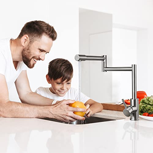 Cinwiny Brushed Nickel Deck Mount Pot Filler Faucet Hot And Cold Water Single Handle Countertop Double Joints 360° Rotating Retractable Commercial Kitchen Sink Faucet Stainless Steel #TOP1