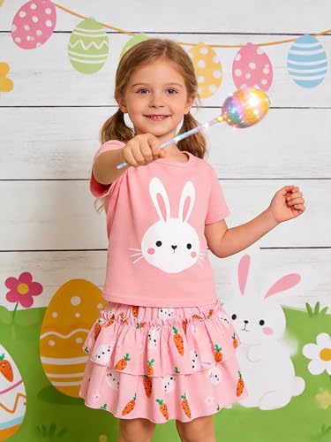 Image of Little Girls Skirt Set - 2 Piece Short Sleeve Top Shirred Tiered Skirt Outfit Girls Spring Summer Clothes 3-8 Years