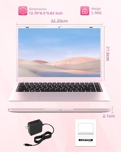 RNRUO 2026 Pink Laptop, Pentium Gold 6500Y Processor(Up to 3.4 GHz),12GB RAM 128GB SSD,15.6 Inch FHD IPS Display, 5000mAh Battery,Type-C,Portable Laptops Computer for Business Office - 5