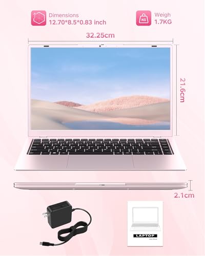 Image of 2026 Pink Laptop, Pentium Gold 6500Y Processor(Up to 3.4 GHz),12GB RAM 128GB SSD,15.6 Inch FHD IPS Display, 5000mAh Battery,Type-C,Portable Laptops Computer for Business Office