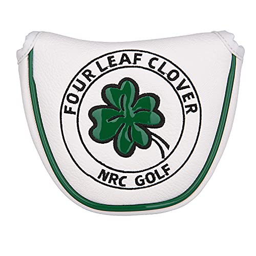 ゴルフパター用カバー ゴルフヘッドカバー パターカバー マグネット付け マレット用 オデッセイ2ボール・テーラーメイド スパイダーパターに対応 四葉のクローバー 白・黒 (白)